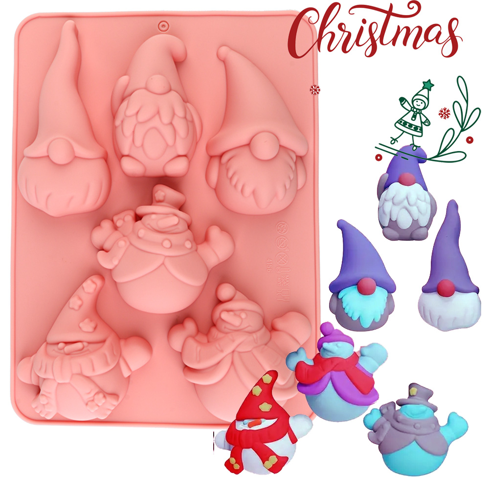Candle Making Supplies Online - 6つの空洞を持つクリスマスノームケーキチョコレートシリコン製ベーキングモールド、チョコレート、ムース、フォンダンケーキ、キャンドル、または樹脂工芸品などの創造的な作品作りに適しています。モールドは食品グレードのシリコン素材で作られており、安全で無毒、耐熱性があり、型から取り出しが簡単で、特にホリデーベーキングやDIYクラフトに設計されています。