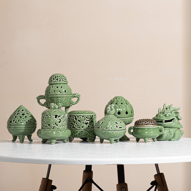 Zen Candle Supplies - 青磁中国風陶器香炉/透かし模様室内卓上装飾品装飾禅宗教用品
