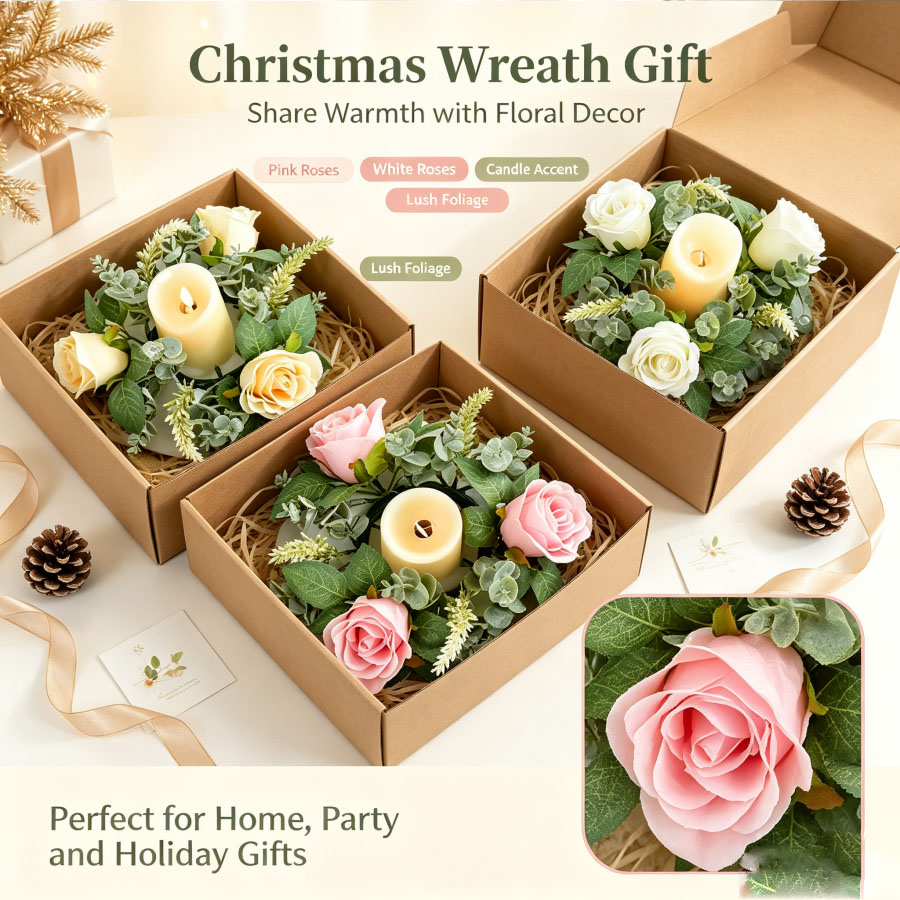 Candle Quotes - 人工バラの花輪型燭台花飾りデスクトップキャンドルホルダークリスマス結婚式誕生日パーティーテーブル装飾