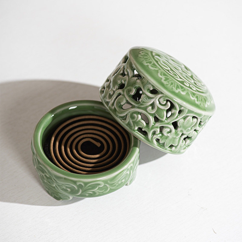 青磁中国風陶器香炉/透かし模様室内卓上装飾品装飾禅宗教用品 - Zen Candle Supplies のレビューと価格